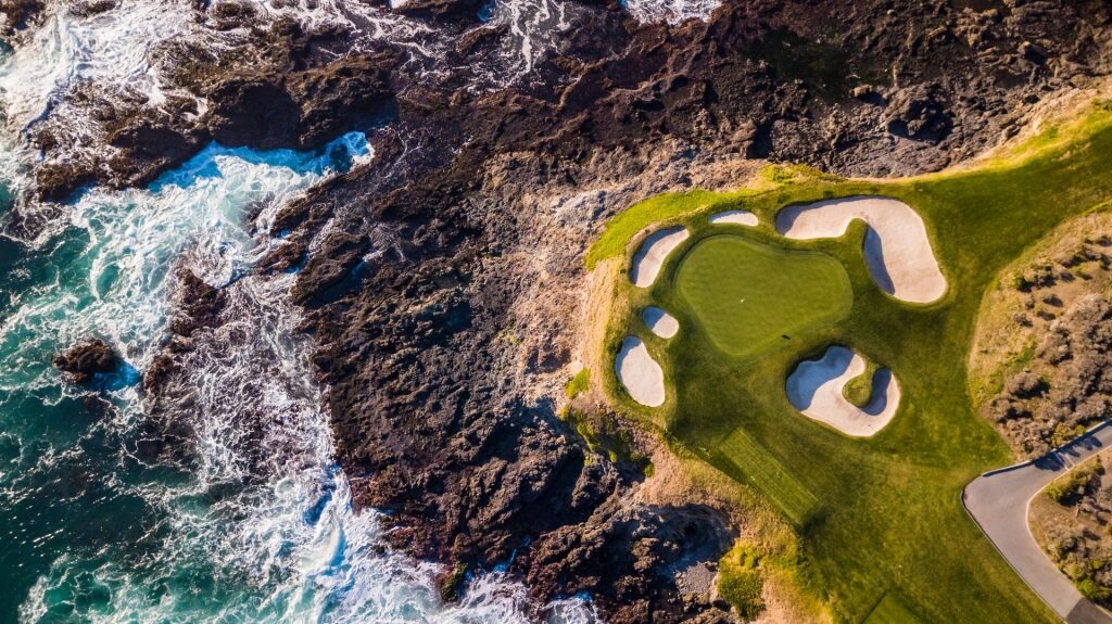 Aerial view of Pebble Beach with golf course