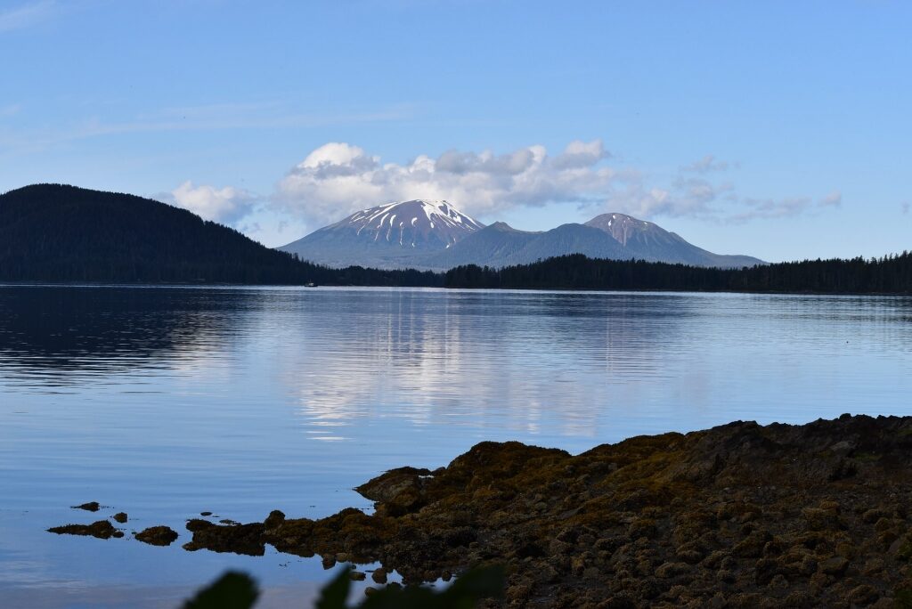 Landscape of Mount Edgecumbe Volcano with lake