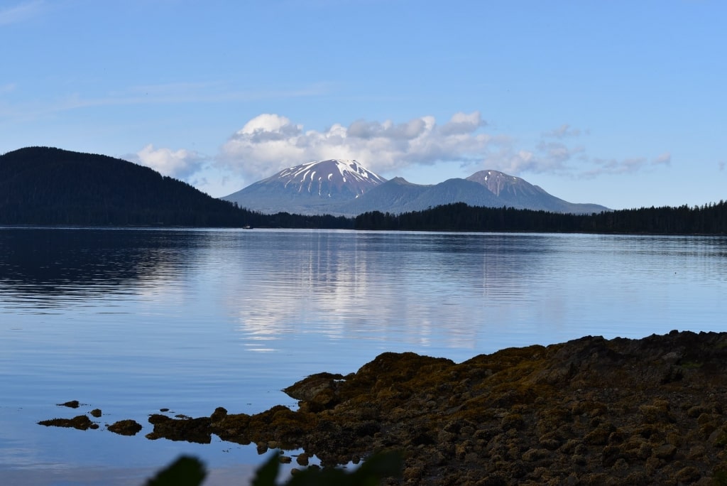 Landscape of Mount Edgecumbe Volcano with lake