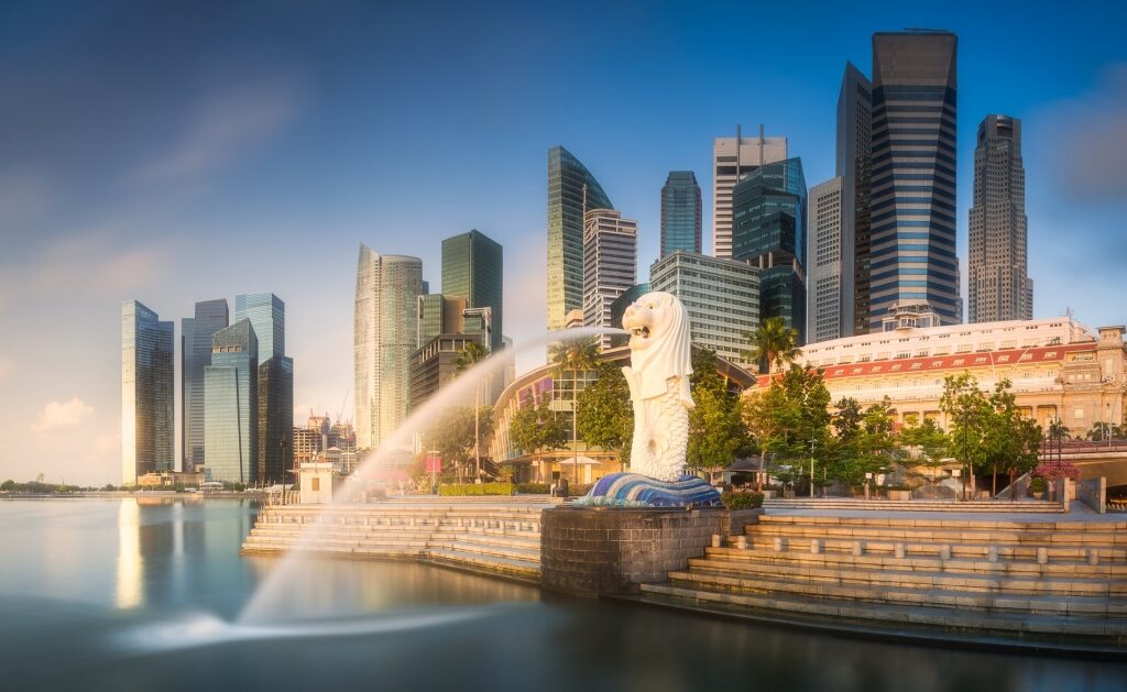 Beautiful waterfront of Merlion with view of skyline