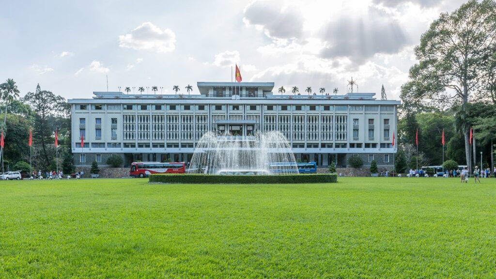 Beautiful Reunification Palace with fountain in front