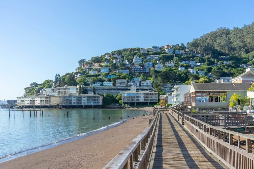 Wooden pier with view of houses in Sausalito
