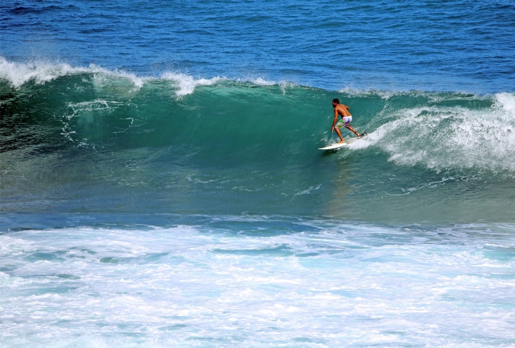 Person surfing in Bathsheba Beach, Barbados