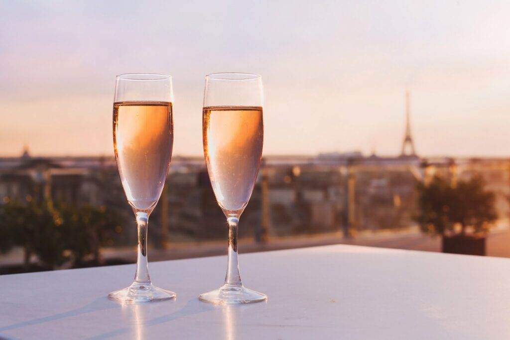 Glasses of champagne with view of Paris