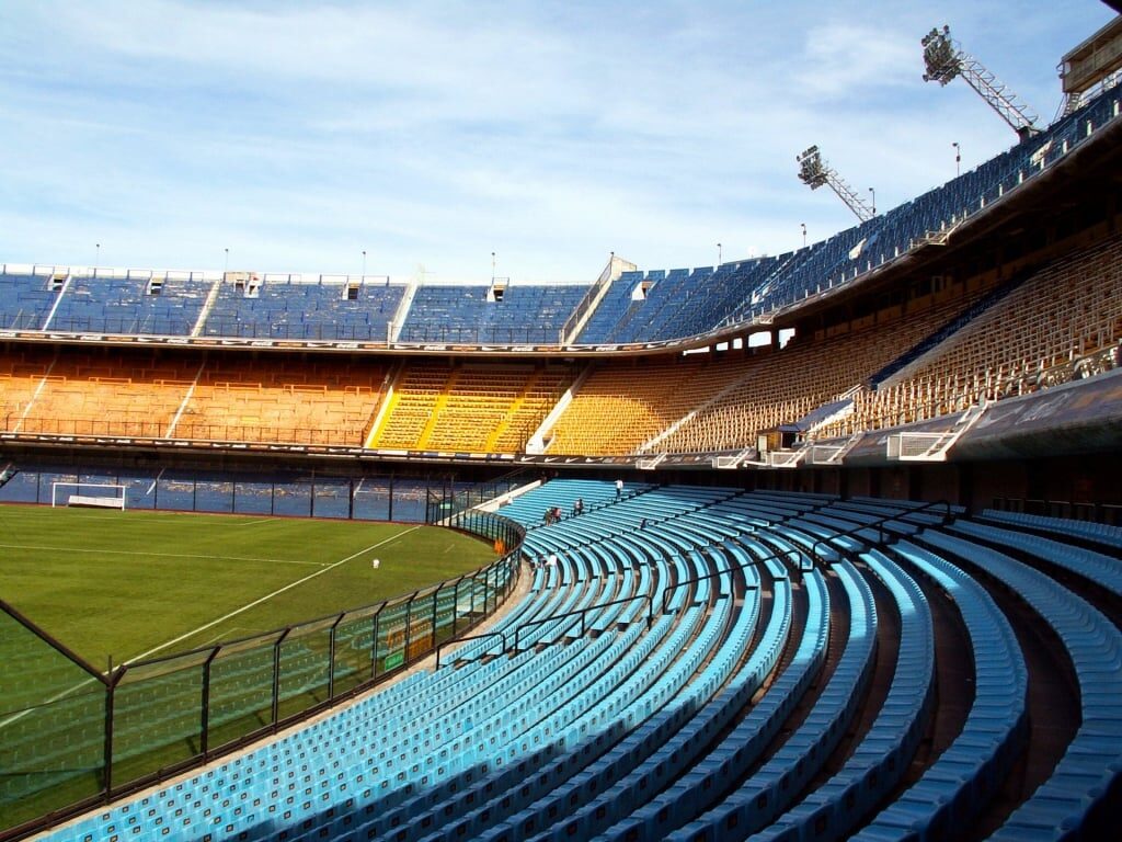 Blue and yellow seats of La Bombonera stadium