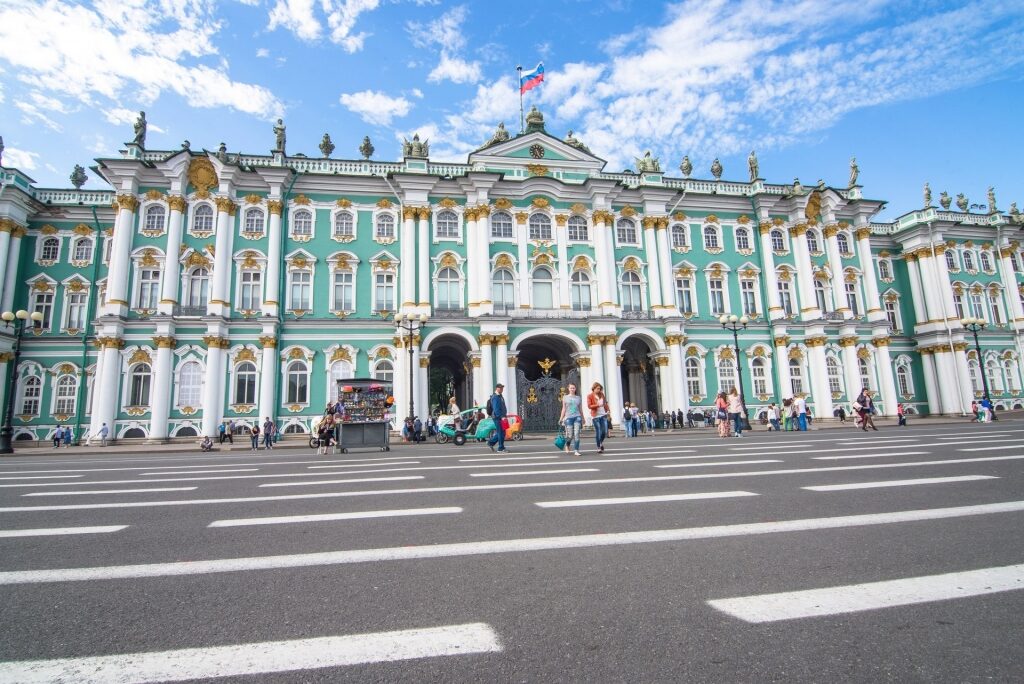 Gold and mint green exterior of State Hermitage Museum
