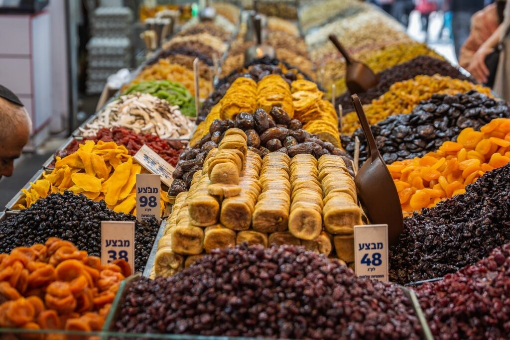 Dried fruits on display at the Machane Yehuda Market