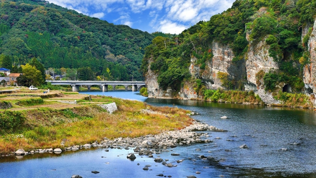 Lush landscape with cliffs in Yabakei Gorge