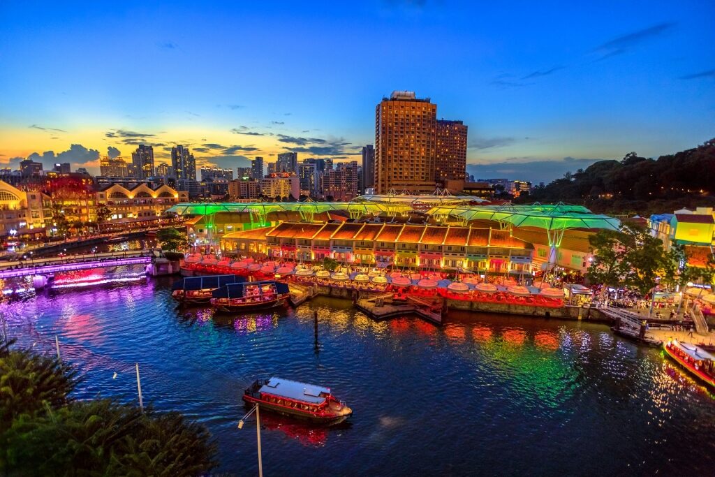 Colorful lights of Clarke Quay at sunset