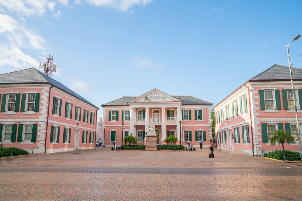 Pastel pink Parliament Buildings in The Bahamas
