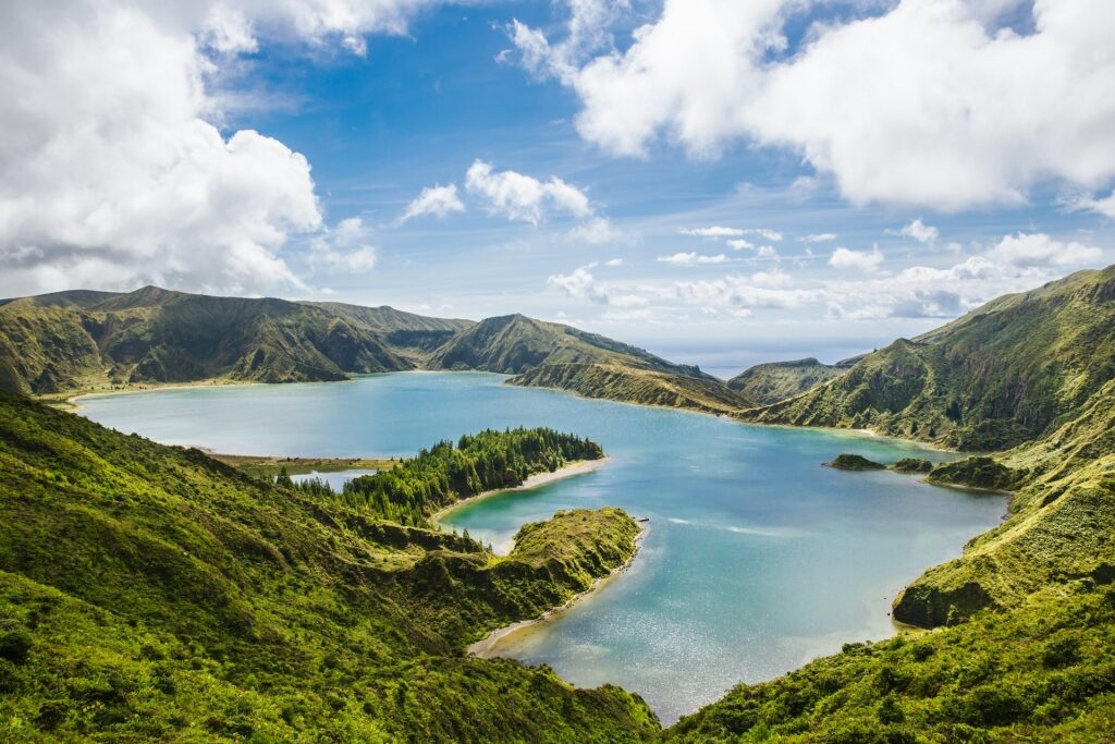Lush landscape of Fire Lake in Azores