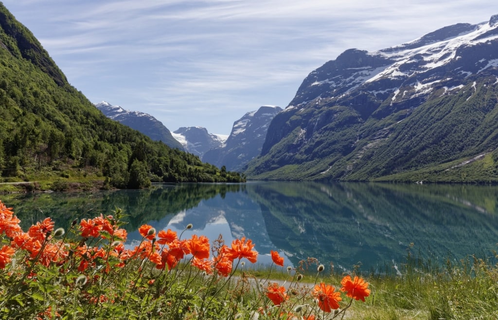 Shimmering turquoise waters of Loen Lake