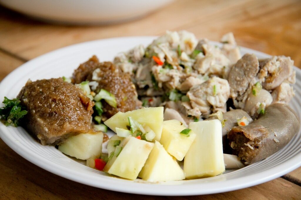 Pudding and Souse consists of pickled pork and steamed sweet potatoes