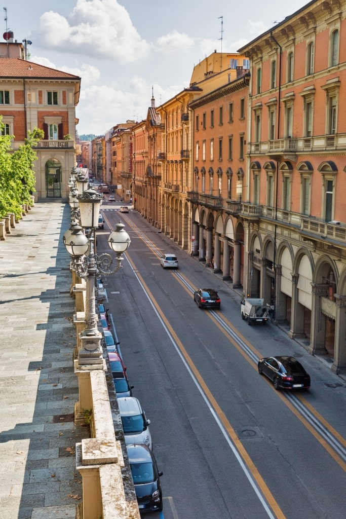 Pretty street of Via dell’Indipendenza in Bologna, Italy