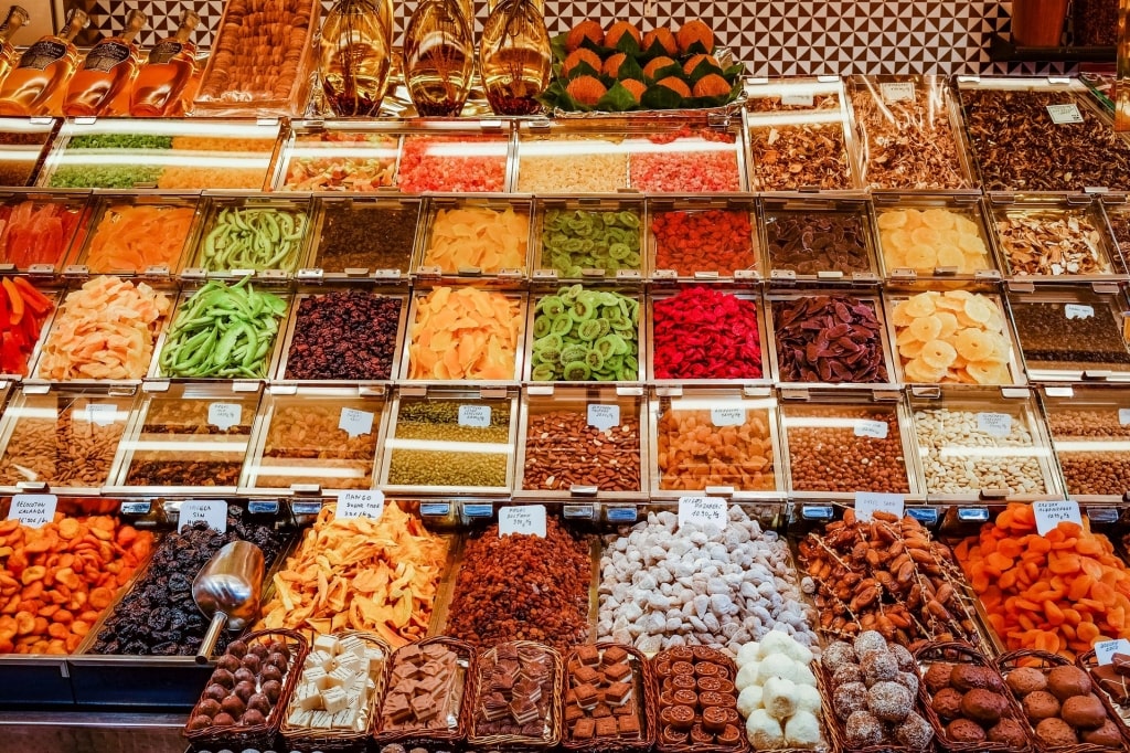 Different spices and other food at the Boqueria market