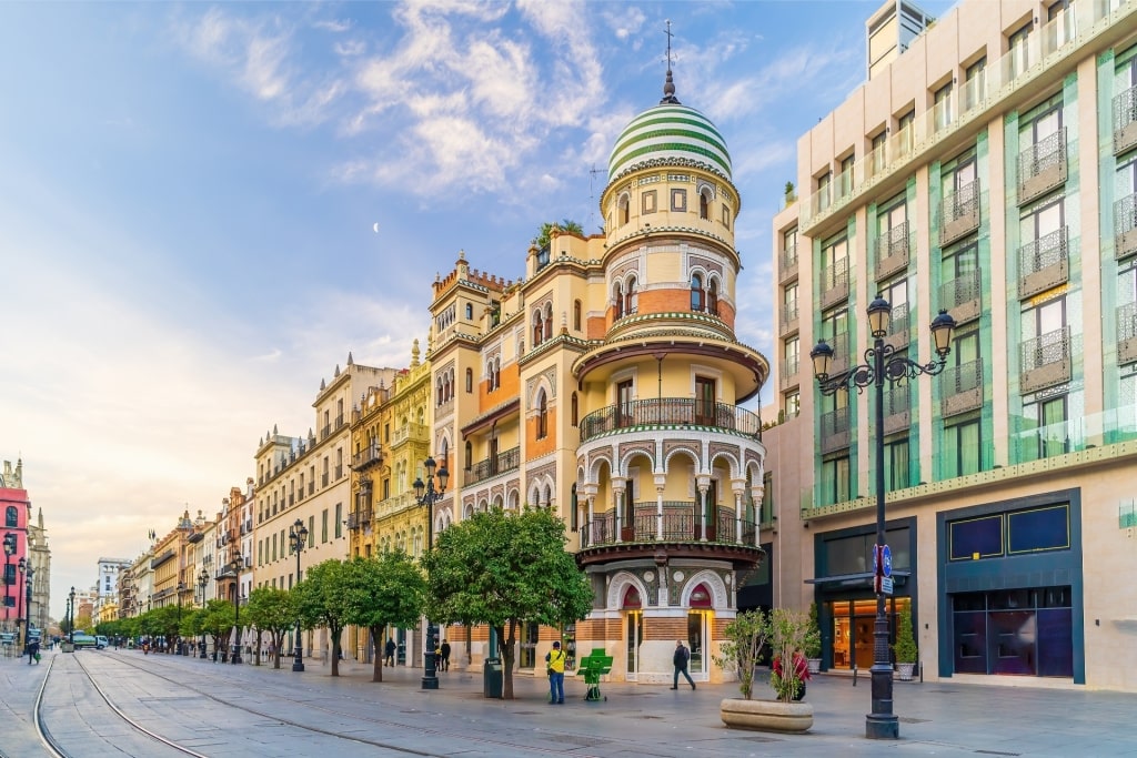 Pretty street view of Old Town in Seville, Spain