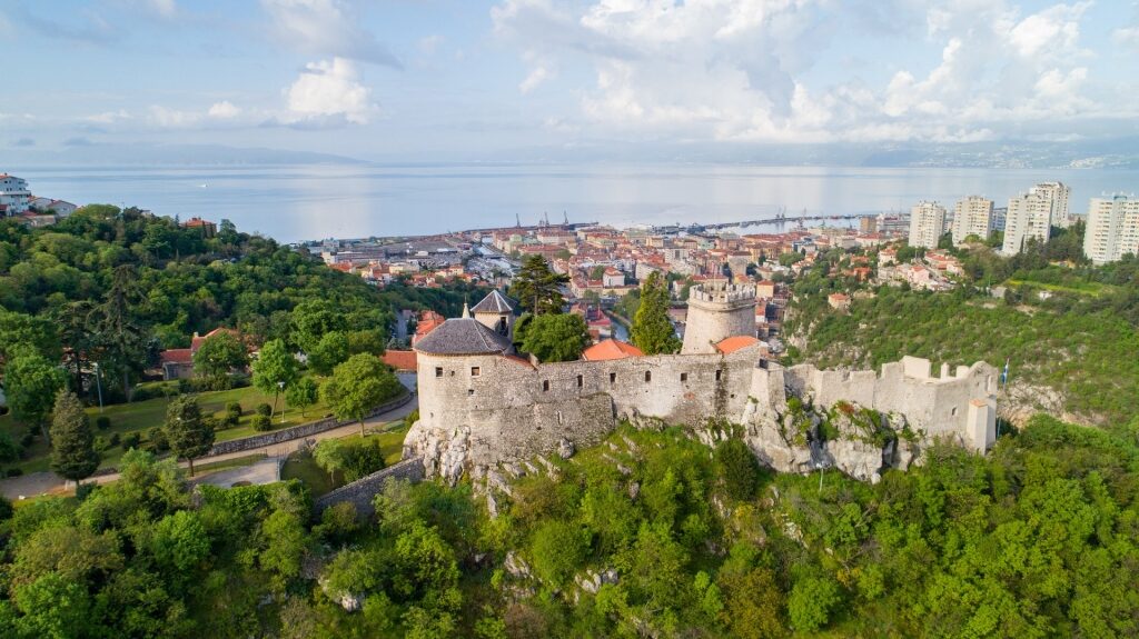 Aerial view of Rijeka town with Trsat Castle