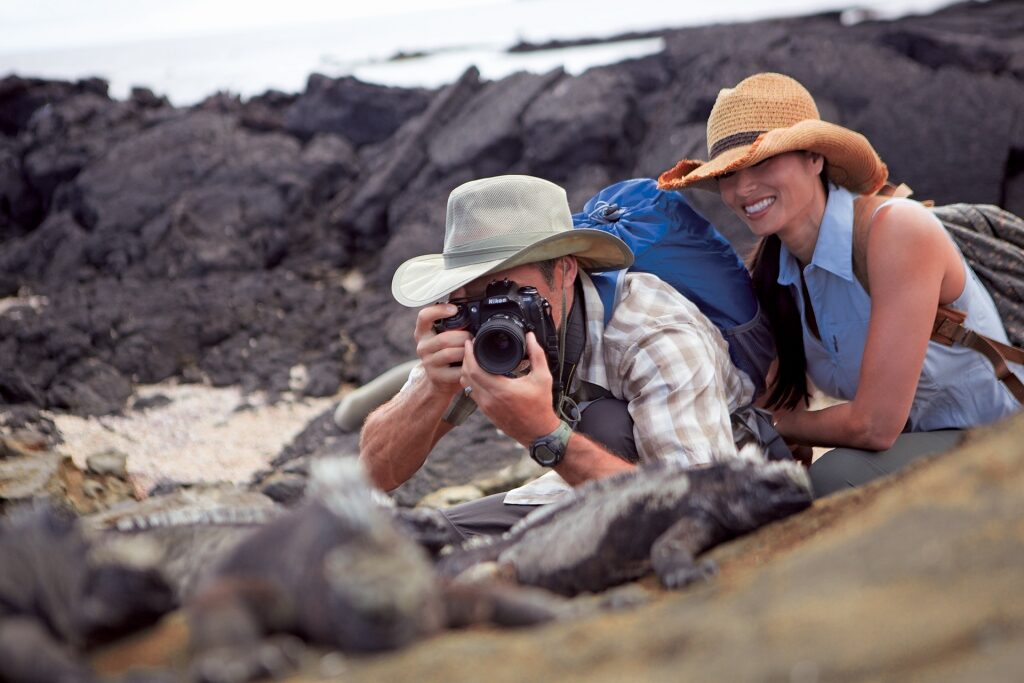 Couple wearing sunhats in the Galapagos