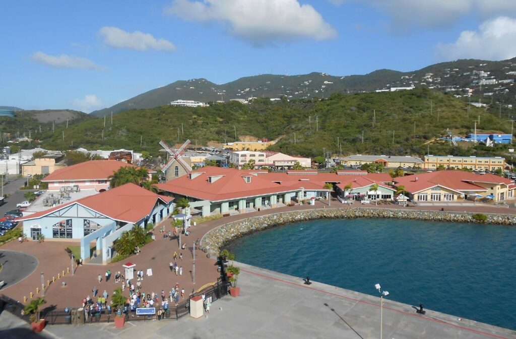 Waterfront view of Crown Bay with stores