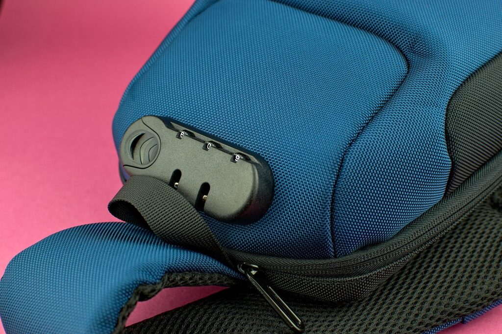 Blue anti-theft backpack with lock