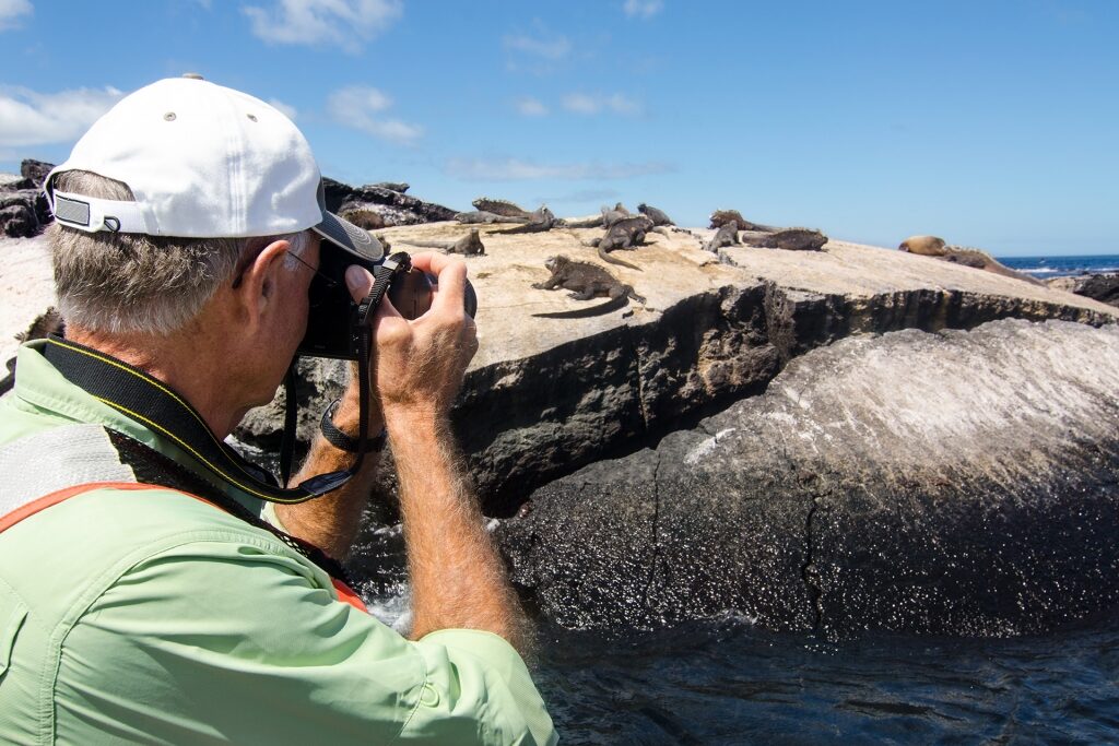 Man taking photos of iguanas in the Galapagos
