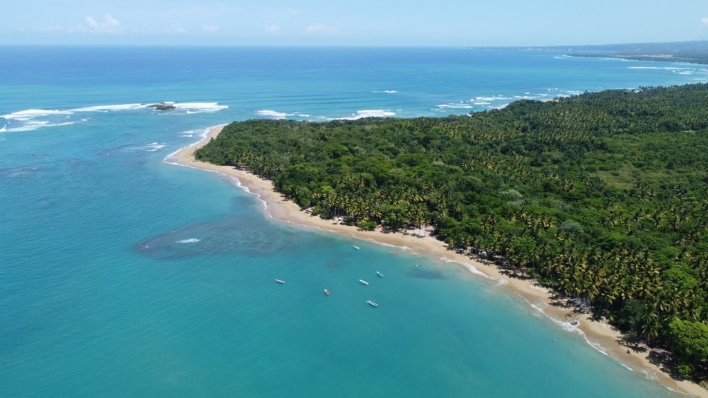 Aerial view of Bergantin Beach with lush shoreline