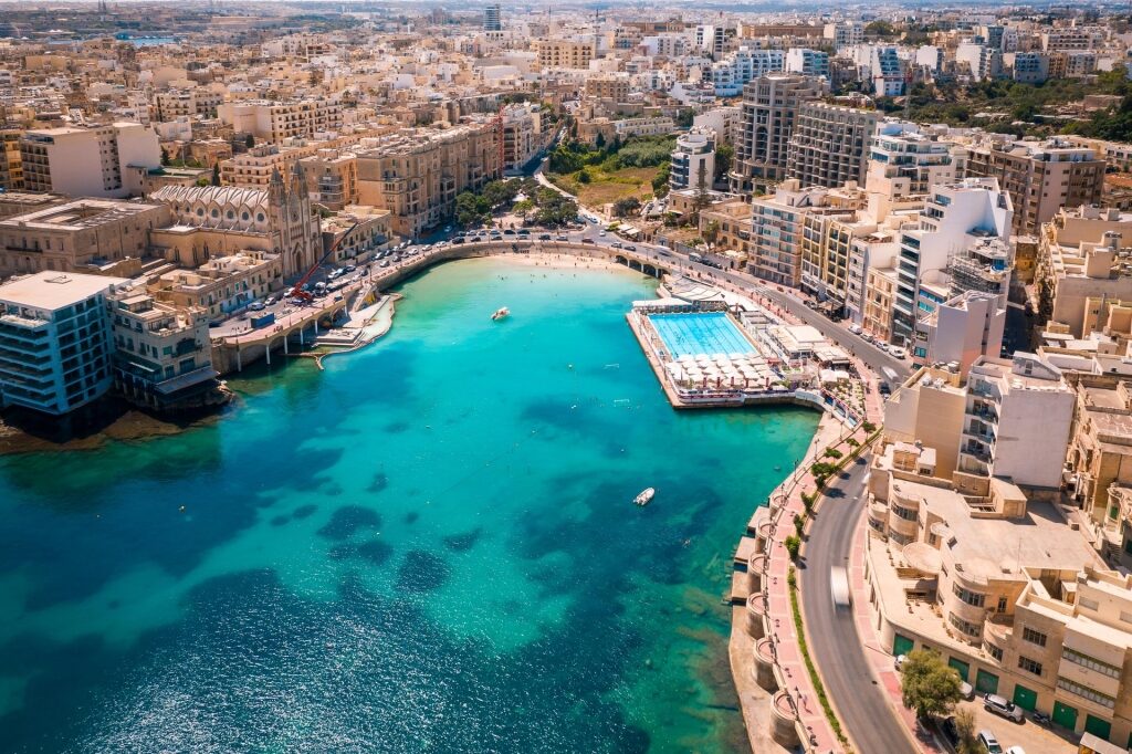 Beautiful aerial view of Balluta Bay with traditional Maltese buildings