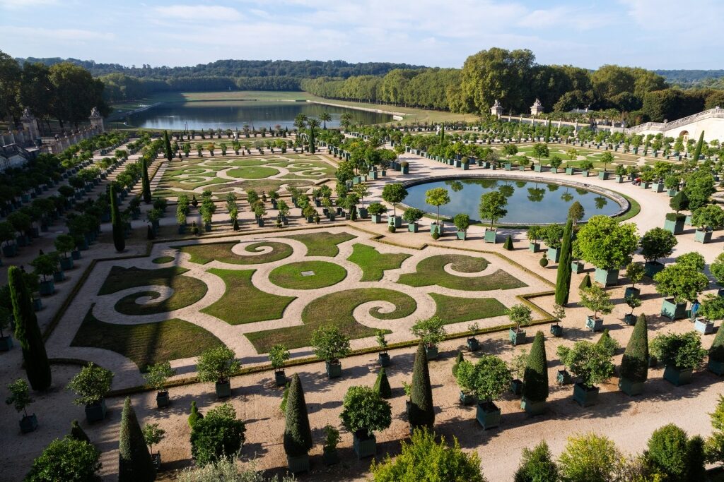 Lush garden of Beautiful view of Palace of Versailles
