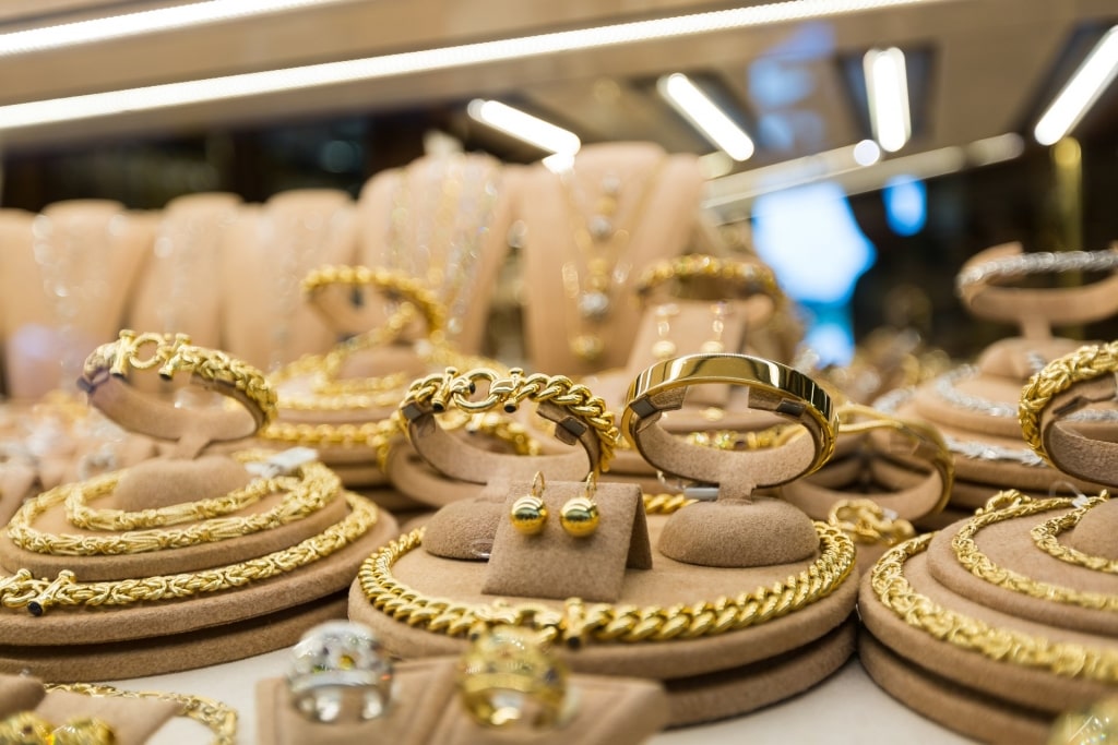 Jewelry on display at a shop in Ponte Vecchio