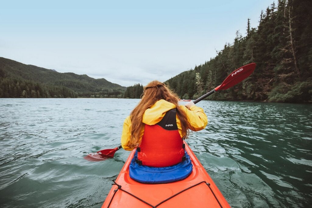 Woman kayaking in Sitka