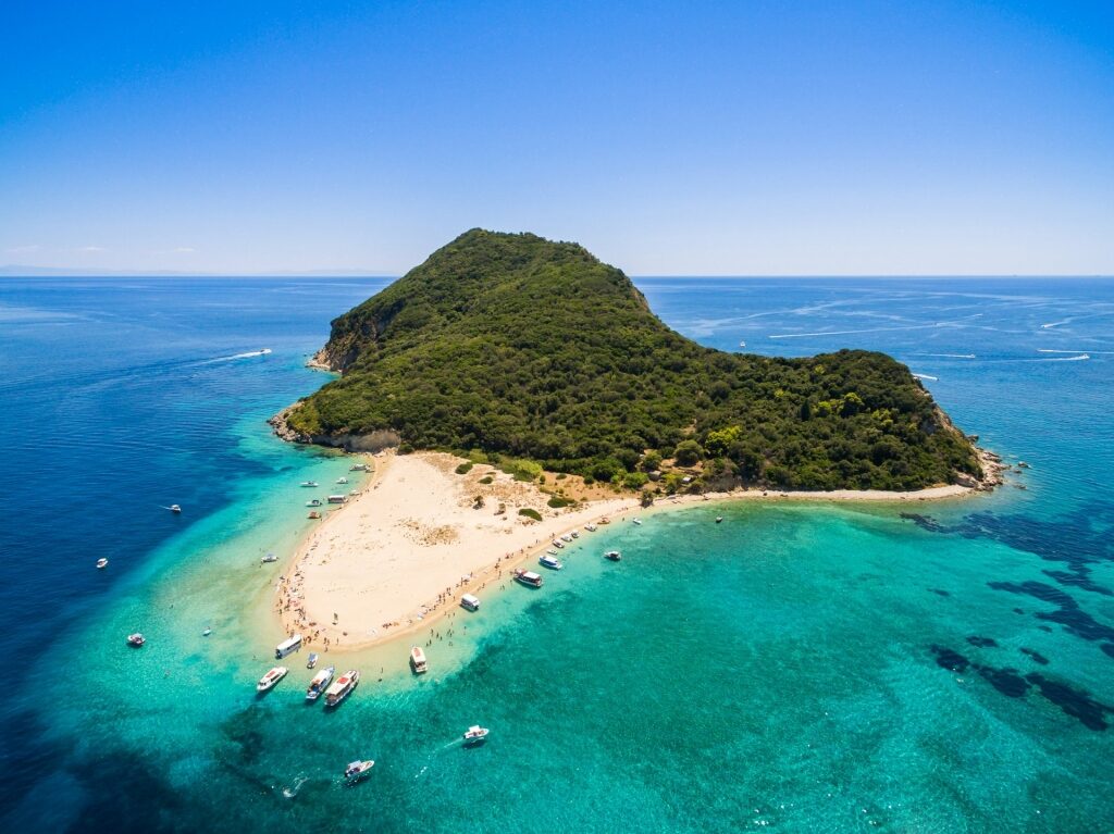 Aerial view of Marathonisi Island National Marine Park, one of the best family beach vacations in the world