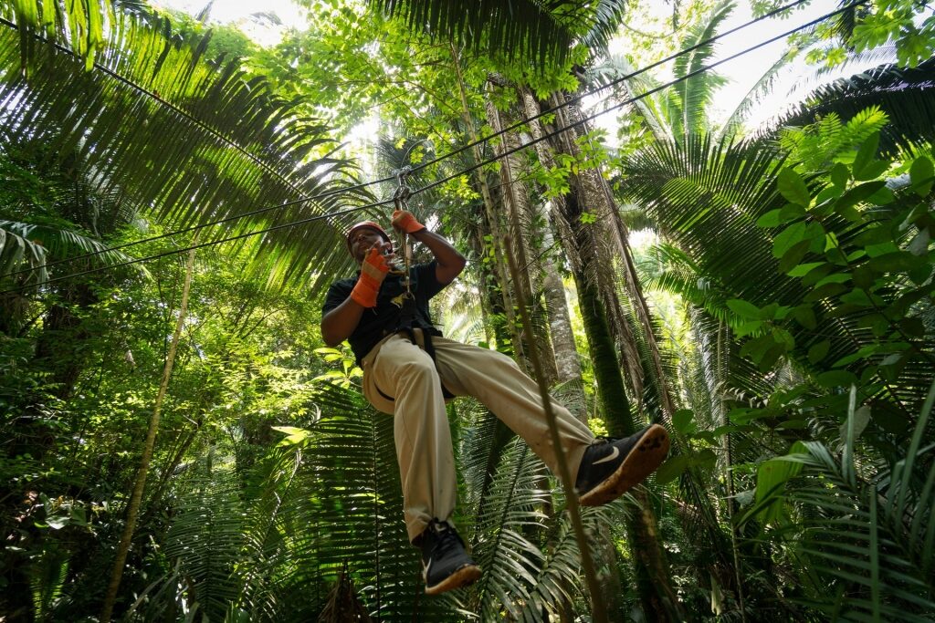 Man ziplining through Jaguar Paw Outpost