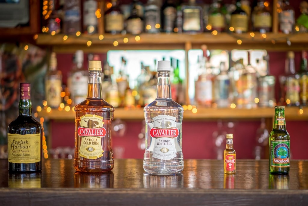 Bottles of Antiguan rum at a bar