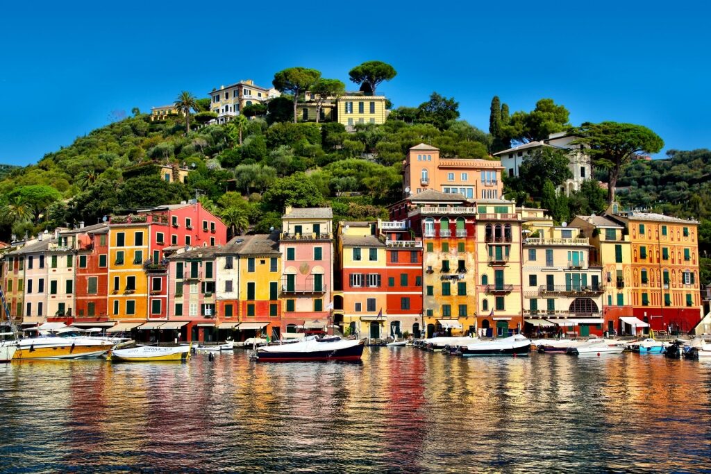 Beautiful waterfront of Portofino with lush landscape