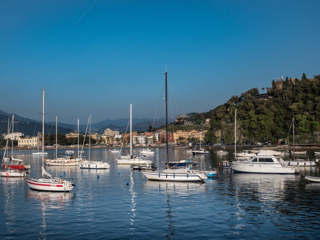 Boats around the Baia della Favole beach