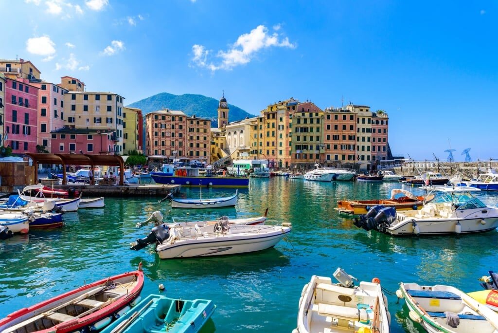 View of Camogli Town with colorful harbor