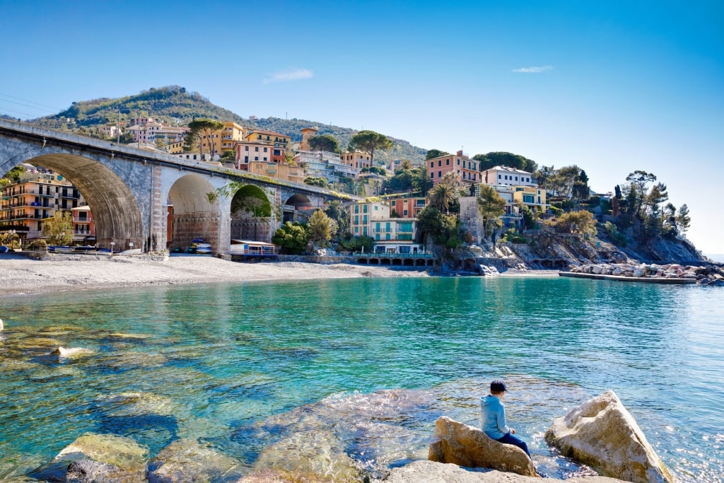 View of Spiaggia di Zoagli with historic railway viaduct