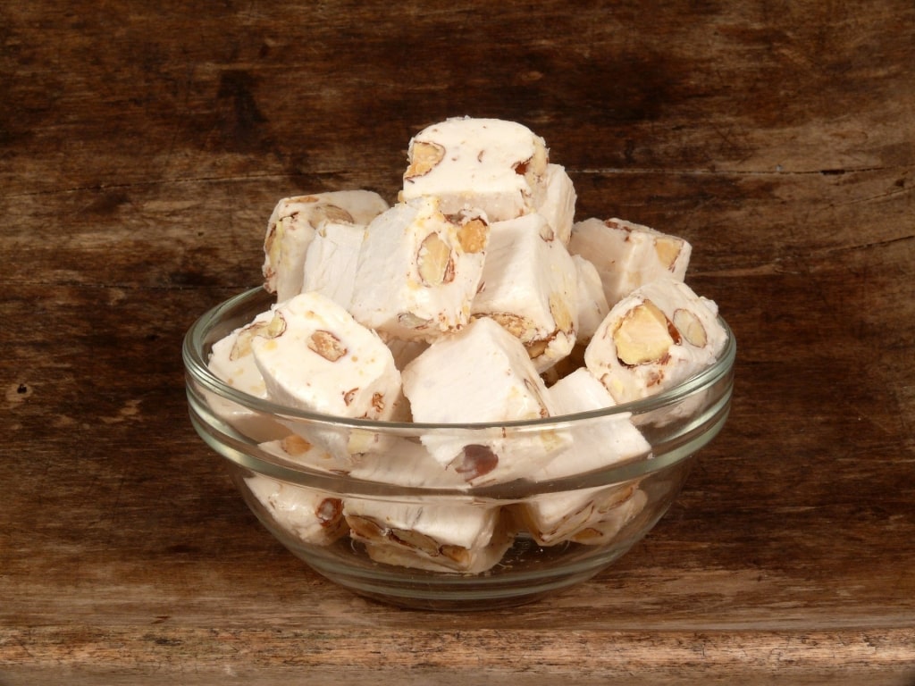 Bowl of sweet Montélimar nougat