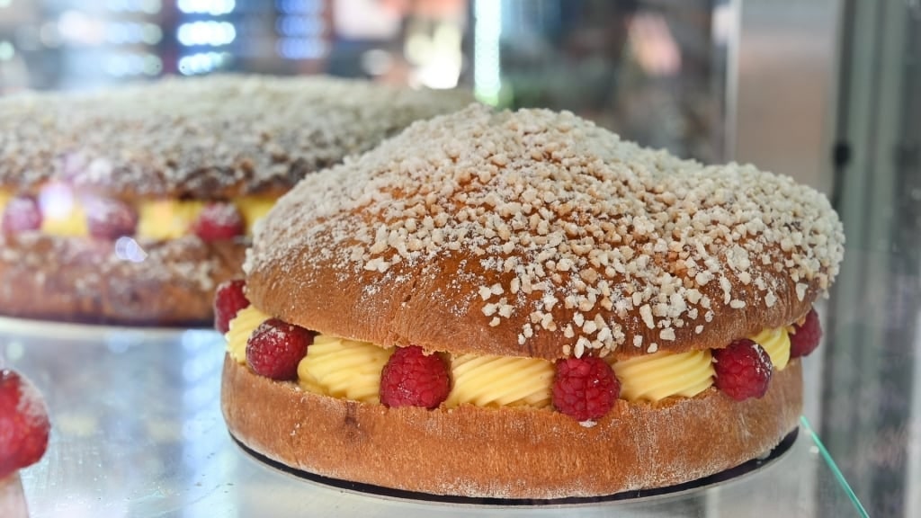 Decadent Tarte Tropézienne with raspberries