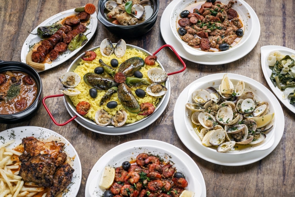 Table full of Portuguese food