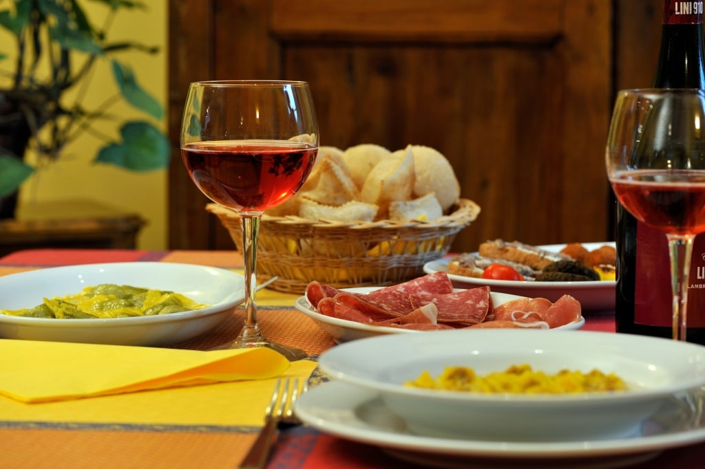 Glass of lambrusco wine at a restaurant in Bologna