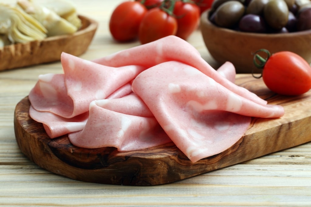 Slices of mortadella