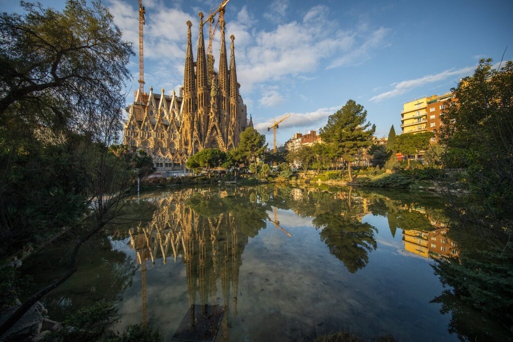 Historic Sagrada Familia reflecting on water