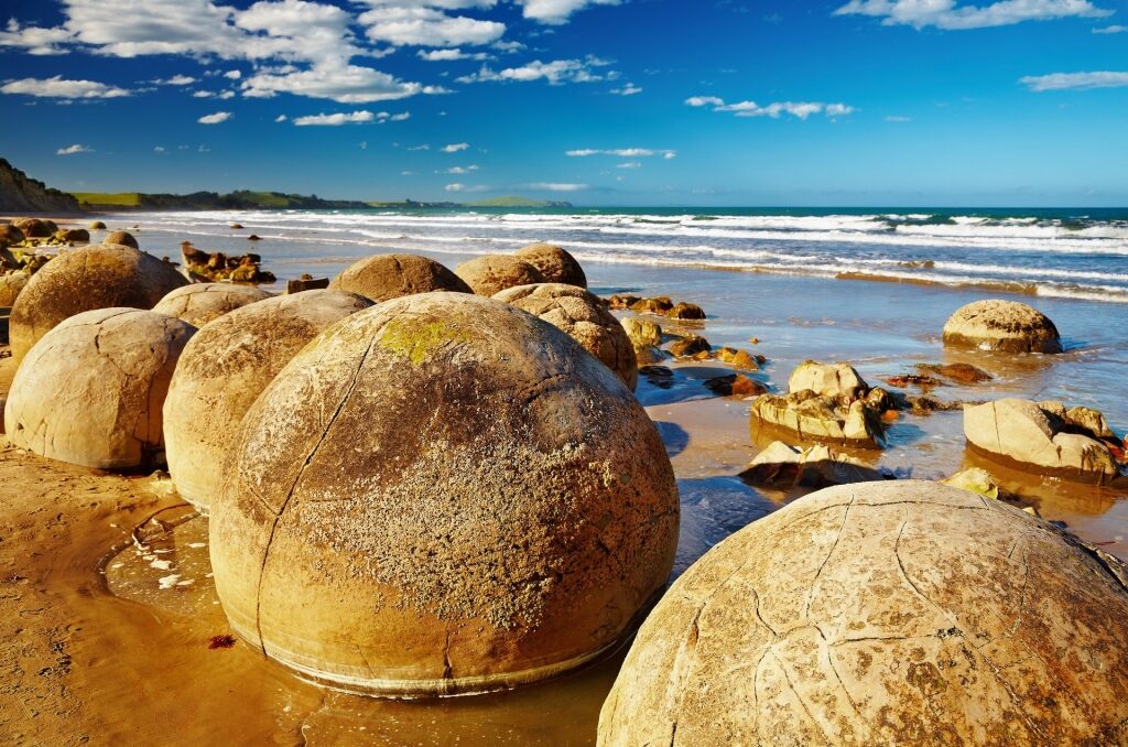 Massive Moeraki Boulders on the beach in Oamaru