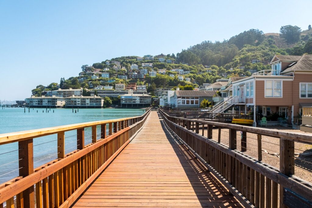 Wooden pier with view of houses in Sausalito