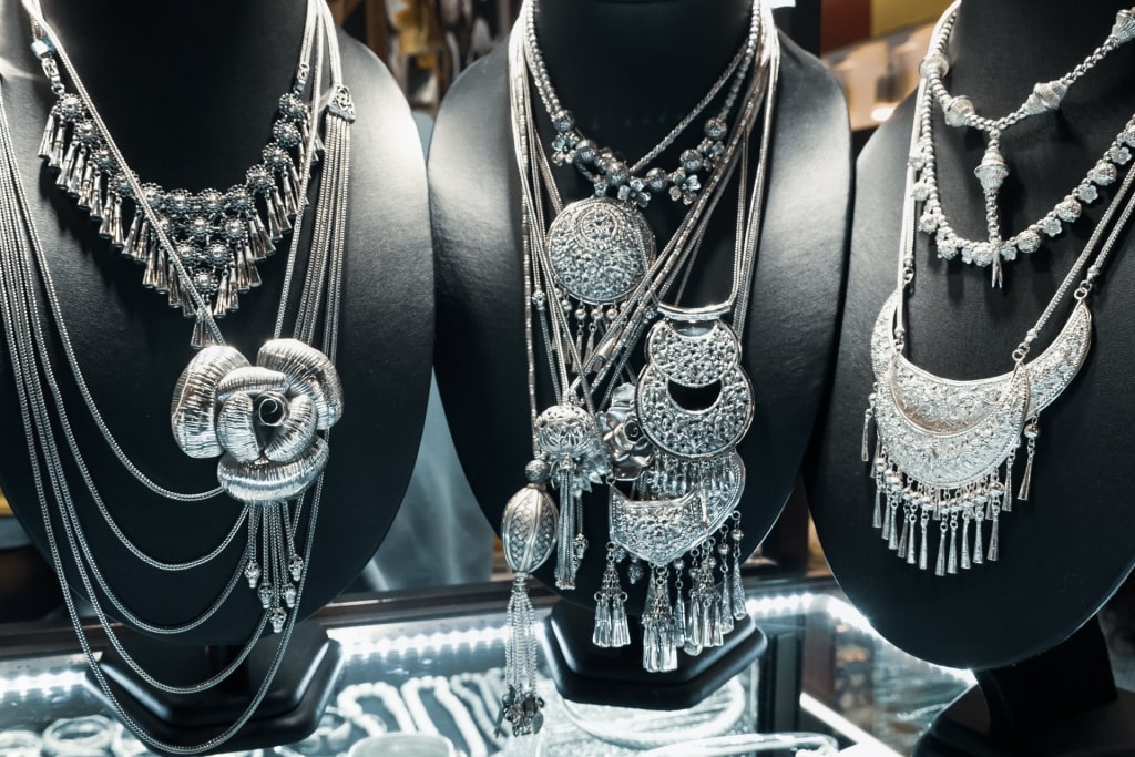 Silver jewelry at a store in Thailand