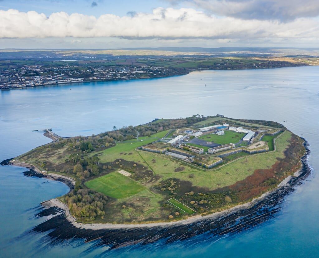 Aerial view of lush Spike Island
