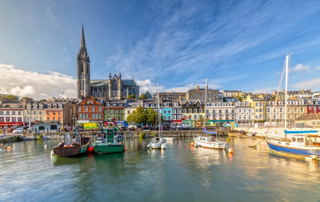 View of Cork harbor with St. Colman’s Cathedral