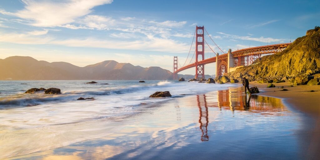 Picturesque view of Baker Beach with Golden Gate Bridge