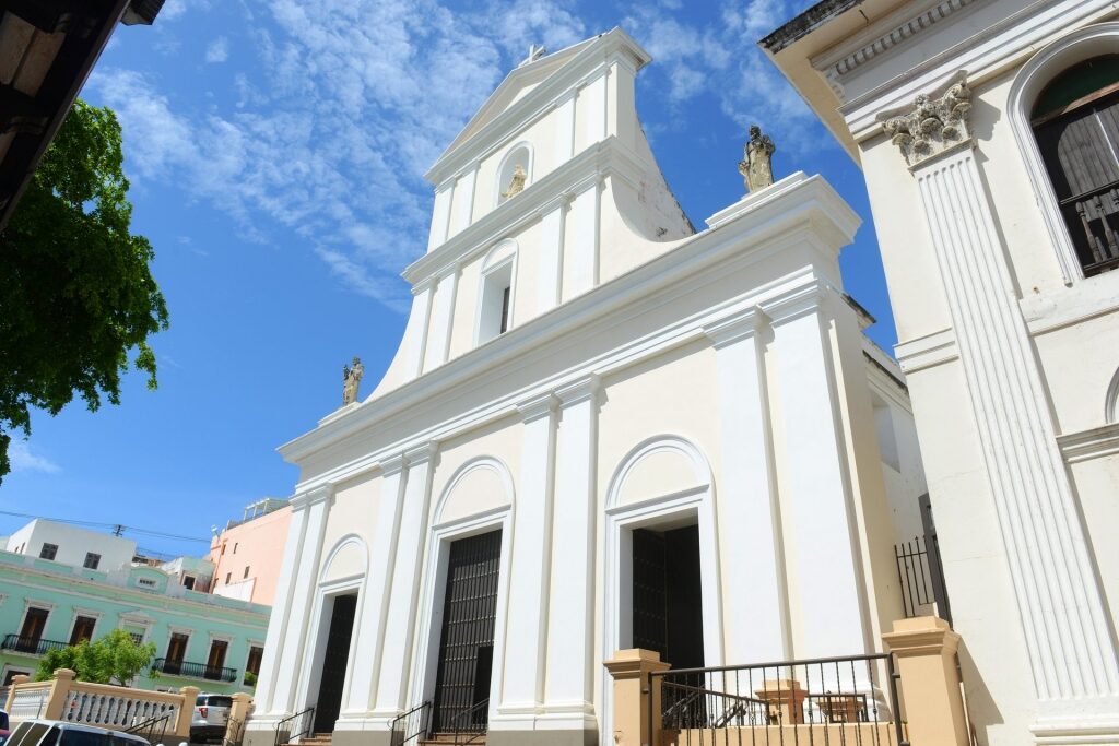 White exterior of Basilica of San Juan Bautista in San Juan